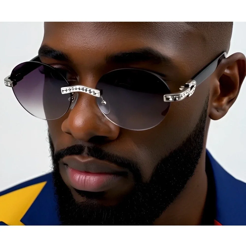 Rhinestone Rimless‎ Sunglasses Round Lens Fashion Shades Designer Style Elegant